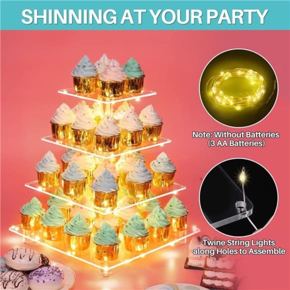 4 Tier Clear Acrylic Cupcake Stand with Gold LED String Lights, Square Tower - Picture 5 of 7